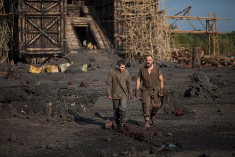 Pictured above Noah (Russell Crowe) and son Ham (Logan Lerman) with construction of the Ark behind.
