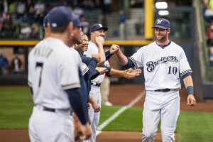 Kirk Nieuwenhuis on Opening Day April 4th, 2016 at Miller Park in Milwaukee. Sara Stathas/Brewers